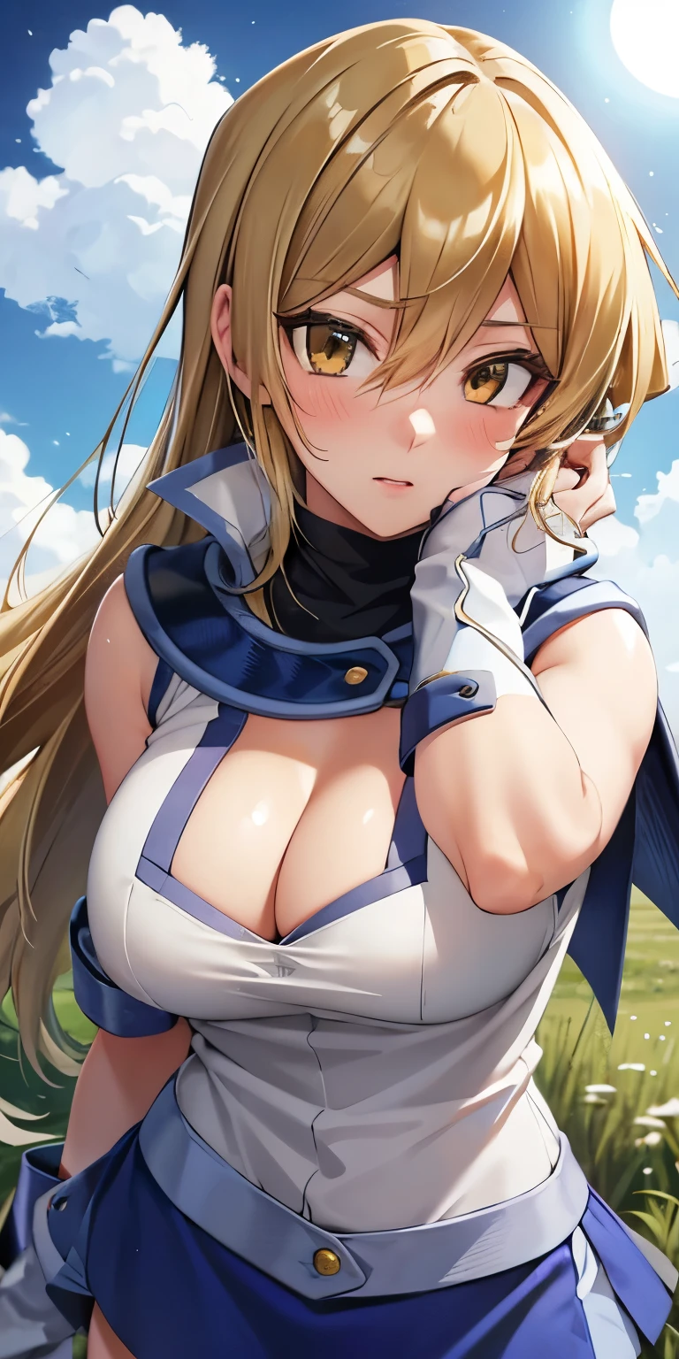 1 Female,High definition,high resolution,Ultra-realistic,8K, ta1, blonde hair, long hair, yellow eyes,white jacket, sleeveless, blue skirt, tight skirt, miniskirt,fingerless gloves, large breasts, miniskirt,European,sexy,Upper body close-up,Photographed from the front,Dynamic Angles,blush, (medium tits ),full body , (forest),(sky),( moonlight ),(cleavage),fighting stance