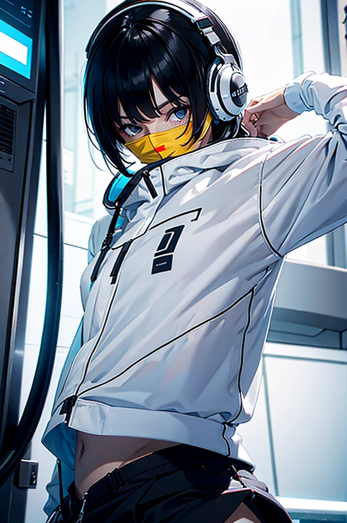AN ADULT WOMAN WITH SHORT BLACK HAIR WITH SIDE BANGS, WHITE HEADPHONES AND WHITE FUTURISTIC CLOTHES