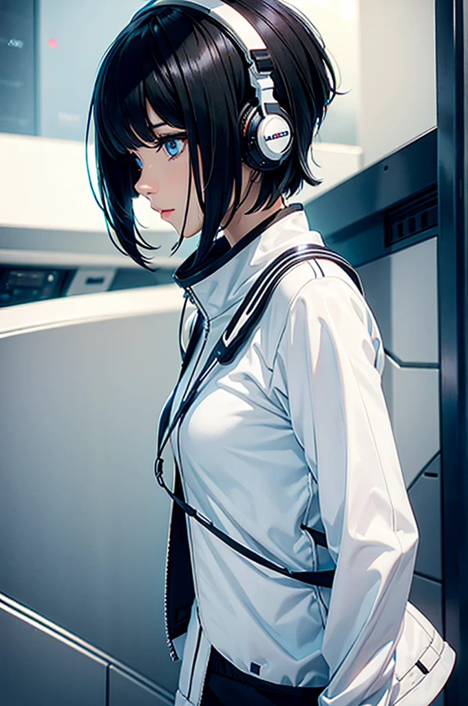 AN ADULT WOMAN WITH SHORT BLACK HAIR WITH SIDE BANGS, WHITE HEADPHONES AND WHITE FUTURISTIC CLOTHES 