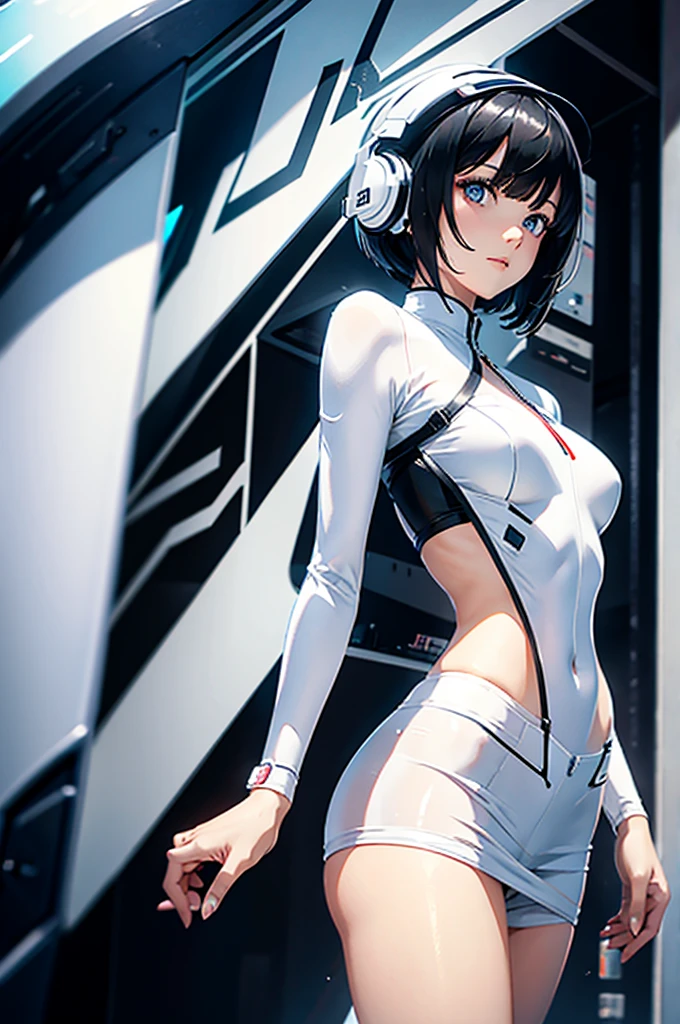 AN ADULT WOMAN WITH SHORT BLACK HAIR WITH SIDE BANGS, WHITE HEADPHONES AND WHITE FUTURISTIC CLOTHES 