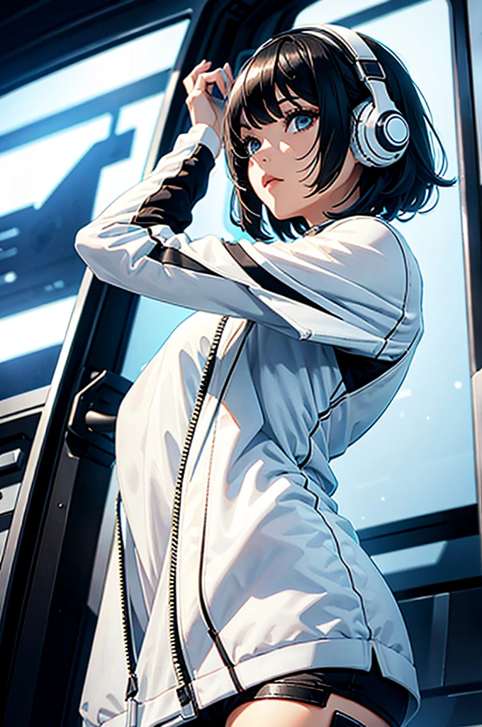 AN ADULT WOMAN WITH SHORT BLACK HAIR WITH SIDE BANGS, WHITE HEADPHONES AND WHITE FUTURISTIC CLOTHES 