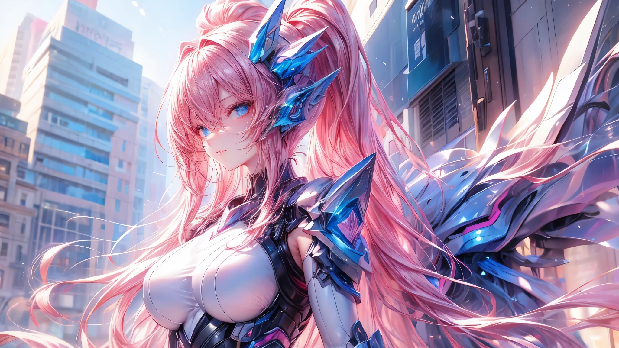 an anime girl, beautiful, pink hair, blue eyes, ojos beautifuls y definidos, modern pink dress, in the background of the city, beautiful, very detailed graphics, modern style art