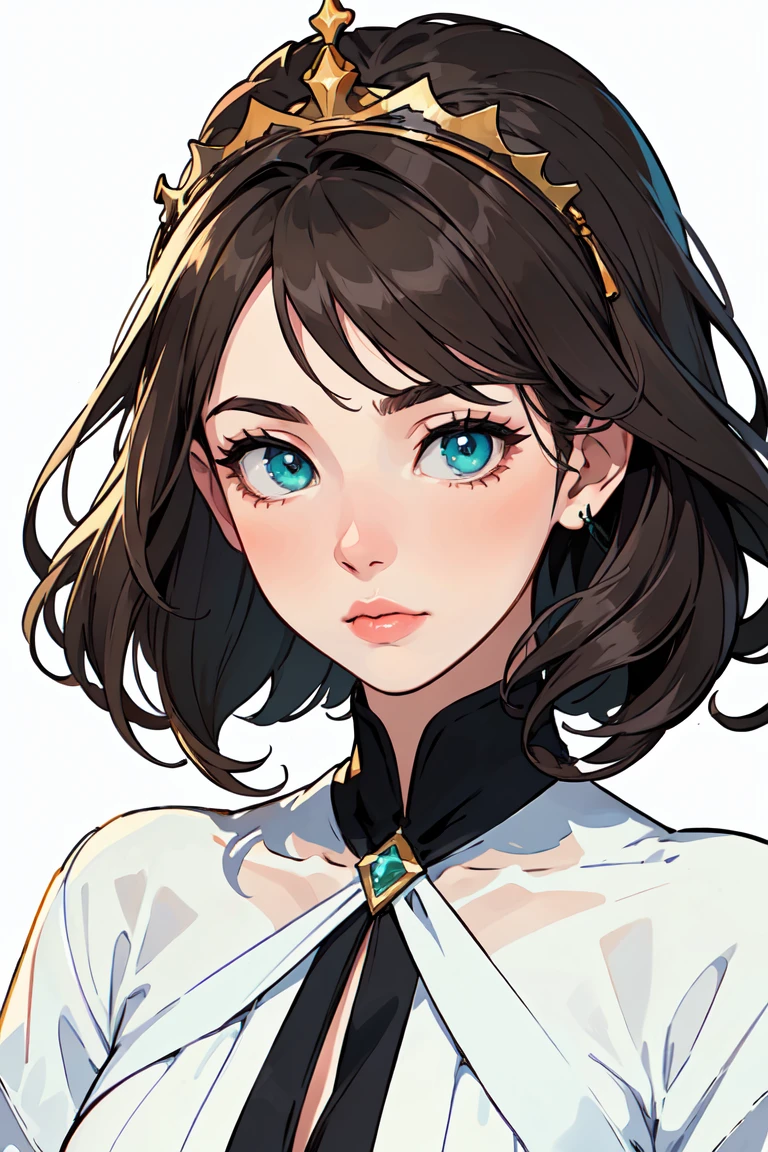 ((masterpiece)), (((best quality))), (character design  neutral expression , character full body,) (((beautiful eyes)))illustration, 1 girl, solo girl, stunning facial features, elegant dress, dark brown hair color, hairstyle,  character design, realistic elegant clothes (simple background, white background: 1.3). crown, green eyes