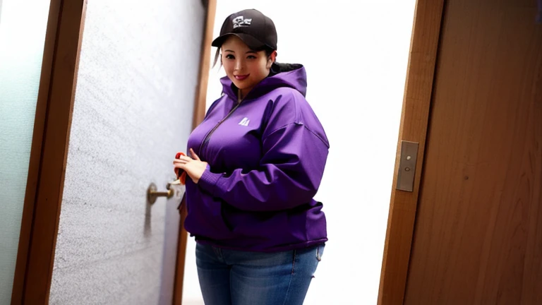 pureerosface_v1, ulzzang-6500-v1.1, ((smile)) curvy bottom heavy bbw japanese woman, she is wearing leggings and a hoodie with glasses and a baseball cap, she is leaning against her door