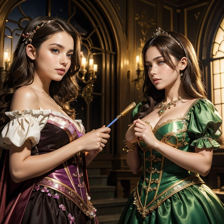 (masterpiece, best quality:1.5), highest quality, High resolution, super detailed, Realists, Upper body photo of a brunette 14 year old magical girl, detailed and beautiful eyes, beautiful detailed lips, very detailed eyes and face, longeyelashes, shiny satin dress, Holding a magic wand in your hand, Cast a transformation spell, Apples turn into chocolate, Magic wands present and shiny, Beautiful and colorful makeup, elegant and noble々The jewelry bag, Gardens as background, soft daylight, bright colors, fine brushstrokes, Portrait style, Silk dress fabric, beautiful color palette, glowing skin, First-class rendering, that captures every detail, enchanting atmosphere, subtle shadows and lights, (perfect anatomy:1.2), (The two stunning 14 and 12 year old magic girls turn apples into chocolate (a transformation with the magic wand:1.4), (magnificent panorama view:1.2)