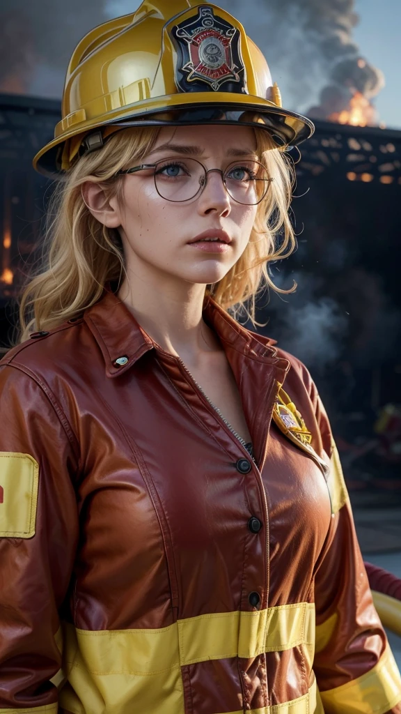 generate an image of a blonde woman with glasses, curly hair, wearing firefighter clothes and a firefighter helmet, she is very sweaty, she is on top of the firetruck, in the background the smoke from the fire that she has just put out, clear realistic image, in good quality 8k