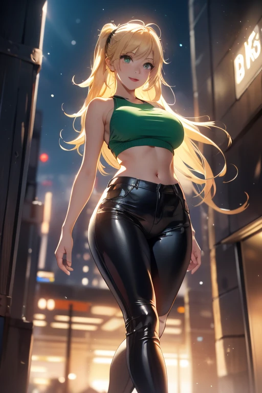 highest resolution,8K quality,Beautiful smiling anime girl, tight leather pants, red tank top with big breasts and wide hips, urban landscape, Whole body, ((view from below)), urban landscape,evening, Blonde hair and green eyes 