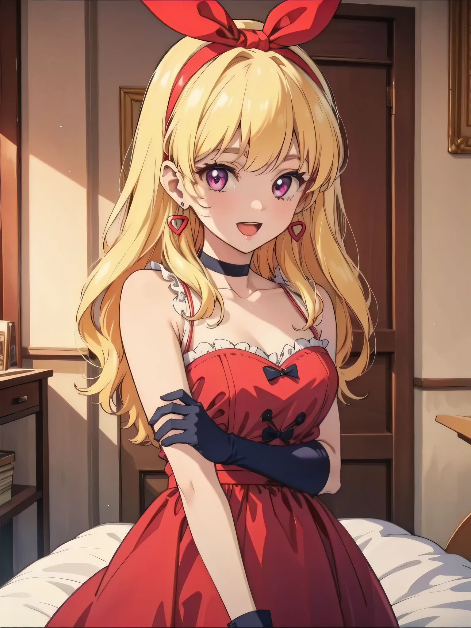(RED Ribbon on HAIRband:1.2),1girl,solo,gloves,white gloves,white hair,long hair,choker,earrings,open mouth,v,jewelry,dress,purple eyes,smile,looking at viewer,retro artstyle,red dress,breasts,braid,upper body,score_9,score_8_up,score_7_up,
