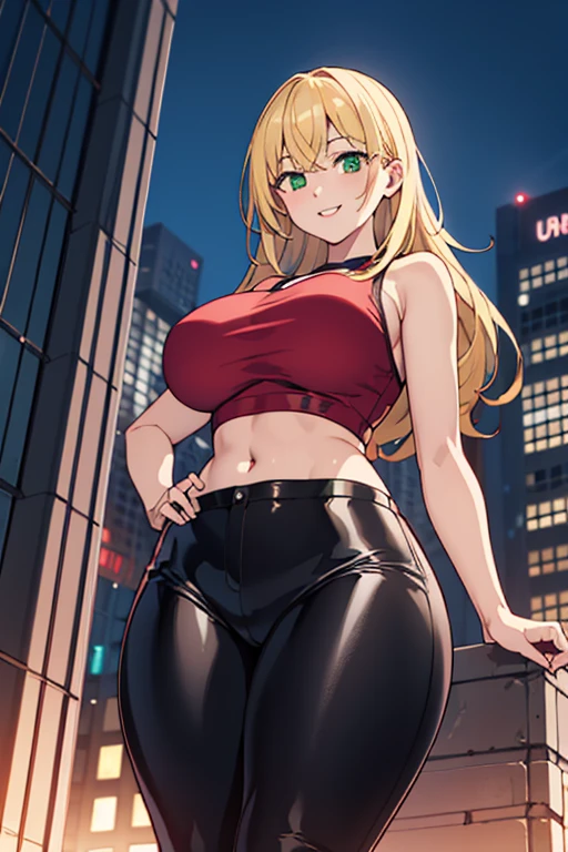 highest resolution,8K quality,Beautiful smiling anime girl, tight leather pants, red tank top with big breasts and wide hips, urban landscape, Whole body, ((view from below)), urban landscape,evening, Blonde hair and green eyes 