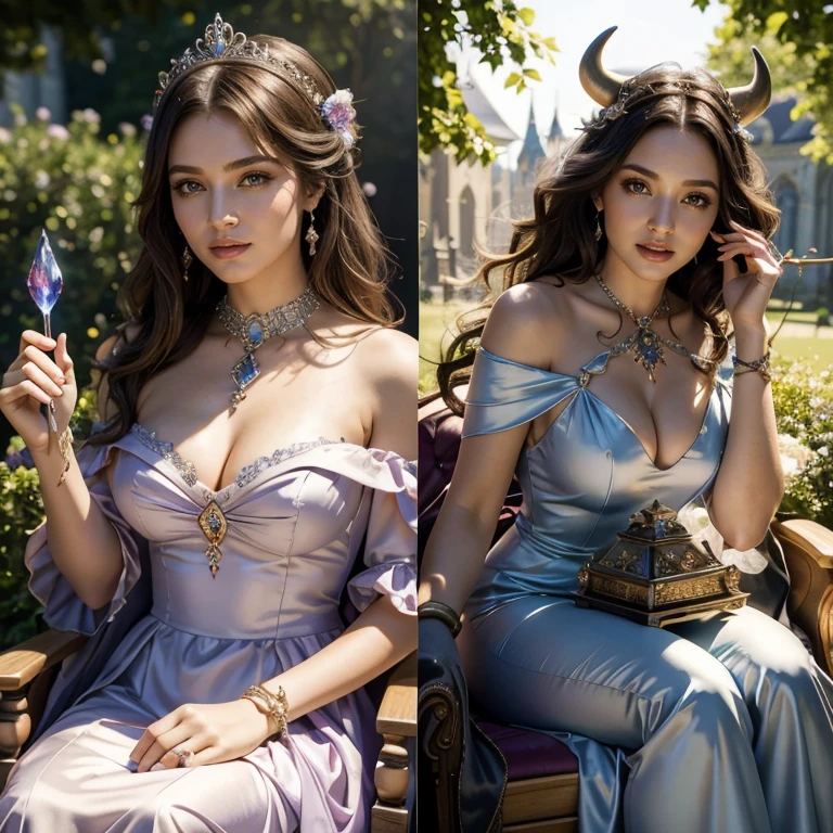 (​masterpiece, best quality:1.5), highest quality, High resolution, super detailed, Realists, Upper body photo of a brunette sorceress, detailed and beautiful eyes, beautiful detailed lips, very detailed eyes and face, longeyelashes, shiny satin dress, Holding a wand in your hand and performing a transformation spell, The cow in the background turns into a noble carriage, Magic wands present and shiny, Beautiful and colorful makeup, elegant and noble々The jewelry bag, Gardens as background, soft daylight, bright colors, fine brushstrokes, Portrait style, Silk dress fabric, beautiful color palette, glowing skin, First-class rendering, that captures every detail, enchanting atmosphere, subtle shadows and lights, (perfect anatomy:1.2), (The breathtaking sorceress transforms a cow into a noble carriage  (a transformation with the magic wand:1.4), (magnificent panorama view:1.2)