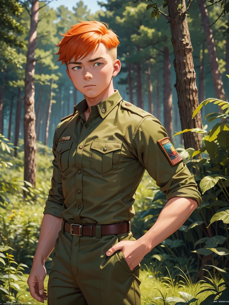 (Teens:1man: Tintin), (extremely detailed CG unit 8k wallpaper),(master part), (best quality), (ultra detali), (best illustration),(wearing army camouflage uniform, shirt, pant, forest, camp), cowboy shot, (Sharp eyeliner, ombre, detailed eyes:1),break , upper body, short hair, orange hair
Информация
