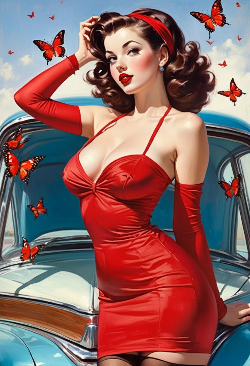 A pin-up style painting by Gil Elvgren of a beautiful woman, red fleshy lips, with dark brown hair, medium length and messy, body tattooed with many butterflies, with a thin red hairband, in a short and seductive blue dress, neckleace, white stockings, in a provocative pose, in a red and white Chevrolet Bel-Air,vibrant and colorful,