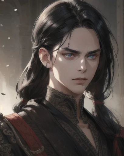 man, 30's, long straight black hair, half-tied hair, piercing blue eyes, side-swept bangs, mature, angry, sharp jaw, god eyes, broad shoulders, handsome, detailed realistic portrait, photorealistic, hyperrealistic, 8k, detailed clothing, beautiful detailed eyes, beautiful detailed lips, extremely detailed face, cinematic lighting, dramatic shadows, warm color tones, natural lighting, highly detailed, intricate ornate details, masterpiece, artstation, sharp focus, hyper detailed, assassin outfit, mouth covering