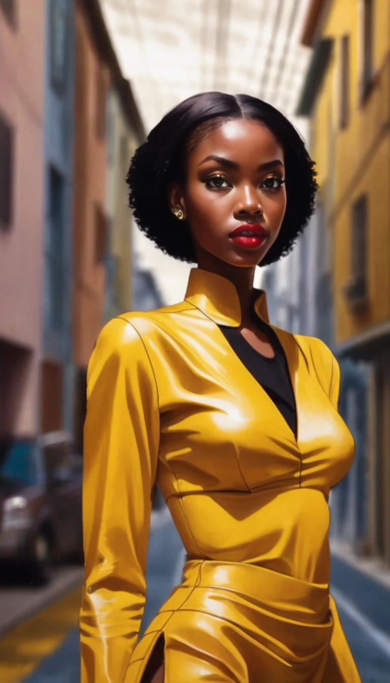 a passionate woman wearing a yellow top and a yellow scarf, a photorealistic painting by Pamela Ascherson, trending on cg society, afrofuturism, dark-skinned, brown skinned, maria borges, dark skinned, black young woman, dark skin, beautiful yellow woman, with brown skin, young black woman, beautiful artwork, blurry background, town landscape, sharp focus 35mm lens, Medium breasts with areolas and natural nippleless, photo of a black woman, passionate girl, casual fashion, sharp focus, Hyperrealistic anime, vibrant colors, hourglass figure, fit belly, cute face with makeup, wide gorgeous realistic eyes with iris, juicy lips with red lipstick, anatomical posture, hand and foot reference anatomy, dynamic angle, professional shooting, fashion photo, boken effects.