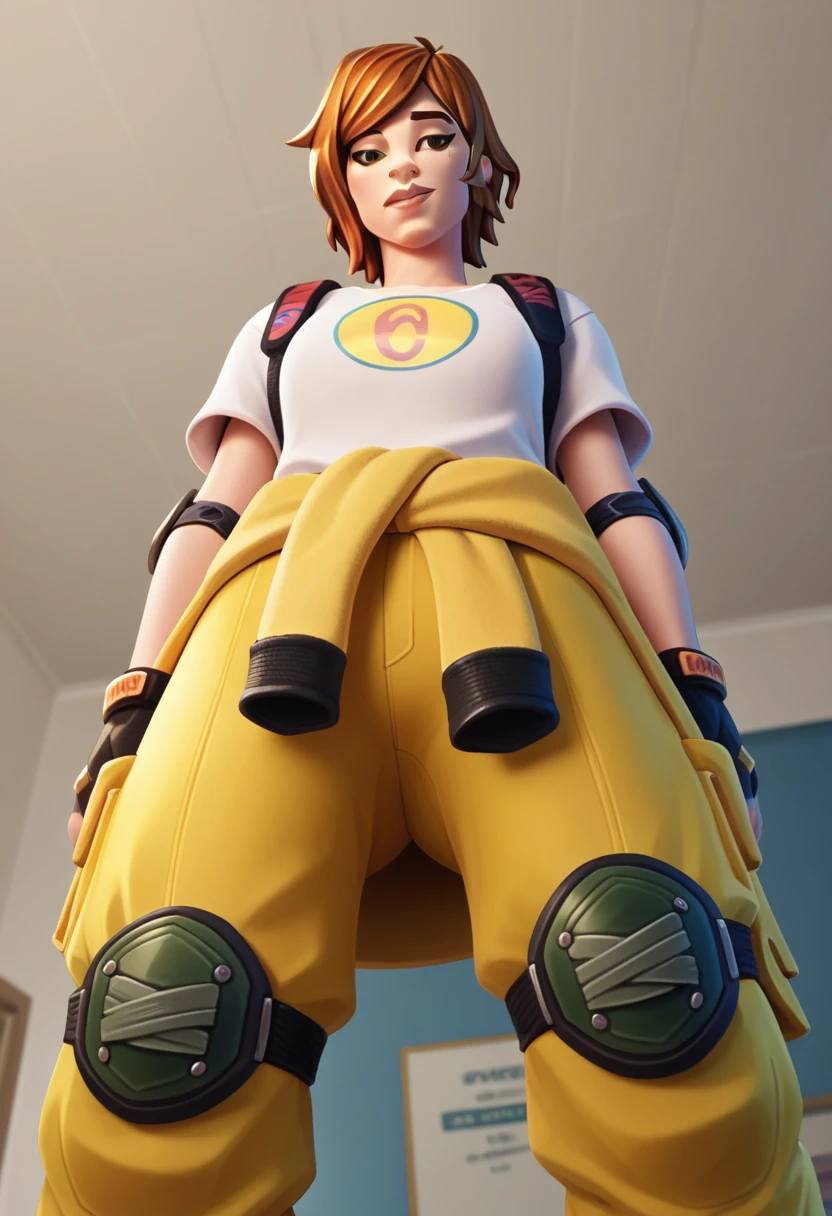 score_9,score_8_up,score_7_up BREAK Aprilfortnite,1girl,solo,brown hair,shirt,gloves,brown eyes,white shirt,short sleeves,black gloves,yellow pants,fingerless gloves,t-shirt,knee pads,clothes around waist,elbow pads,room,room background,cowboy shot, from below,