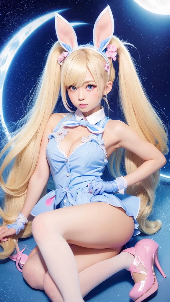 tsukino usagi, blonde hair, blue eyes, bunny ears, bunny costume, woman, beautiful girl, bows, heels, kemonomimi, long hair, playboy bunny outfit, shoes two bows, two pigtails, usagimimi,

