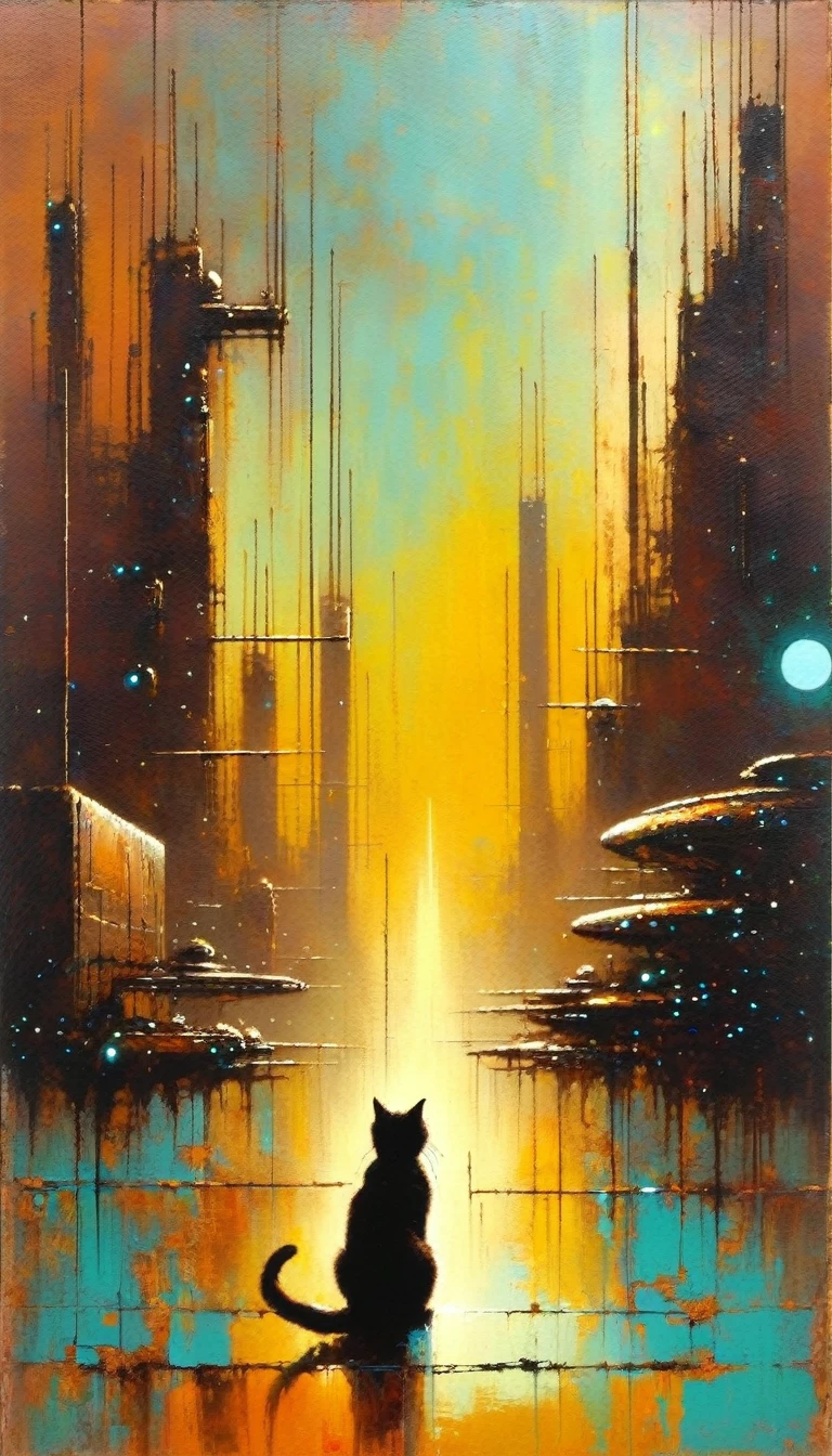 cat, alone, futuristic world:1.5, rusty metal futuristic world,  (simple oil painting in a style to Bill Sienkiewicz)
