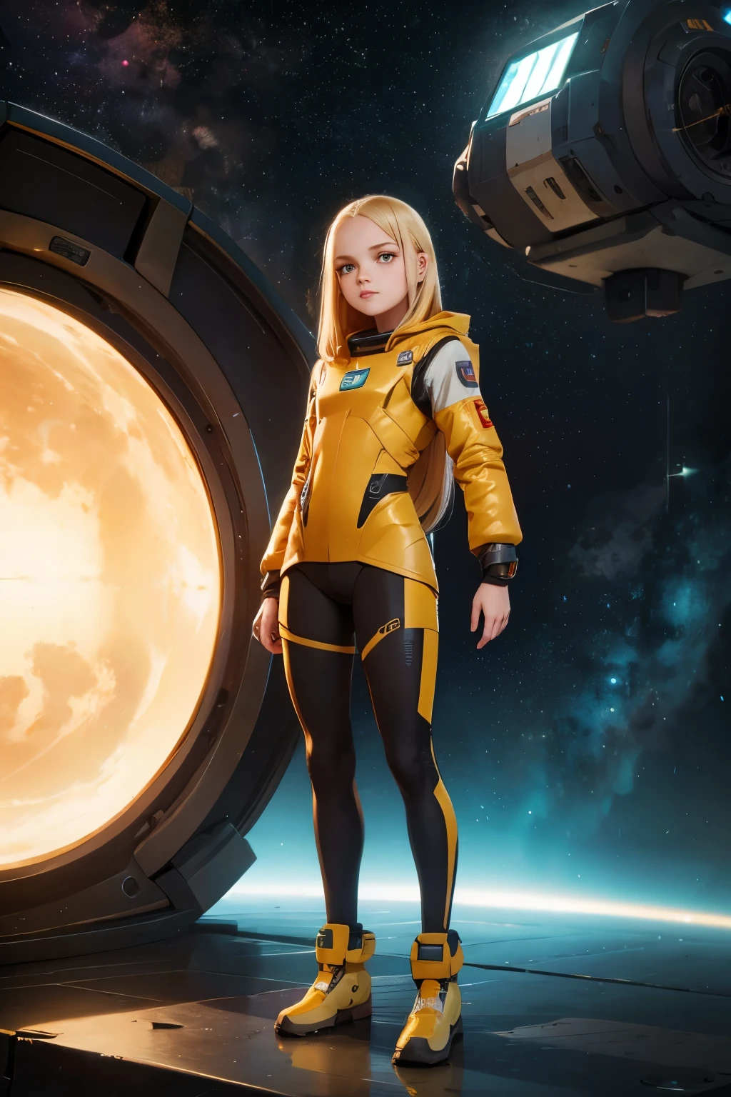 (young girl, 12 years old, blond hair, photorealistic, pale skin), (yellow (eyes:1.2)), (slim build:1.3), (fantasy space suit), beautiful face, symmetrical face, Greg Rutkowski, wlop and Sam Kuvshinov, (long hair), blond eyelashes, large iris, large pupil, full body, standing on the background of the cosmodrome, artstation, 8k, science fiction, pastel colors, props, panel, concept, futuristic, gribble, simon stalenhag, space, in outer space, a spaceship in the sky, technological blocks