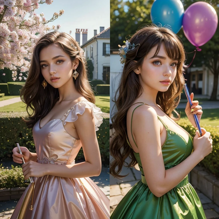 (masterpiece, best quality:1.5), highest quality, High resolution, super detailed, Realists, Upper body photo of a brunette 14-year-old magical girl, detailed and beautiful eyes, beautiful detailed lips, very detailed eyes and face, longeyelashes, shiny satin dress, Holding a magic wand in your hand, Cast a transformation spell, Pears become balloons, Magic wands present and shiny, Beautiful and colorful makeup, elegant and noble々The jewelry bag, Gardens as background, soft daylight, bright colors, fine brushstrokes, Portrait style, Silk dress fabric, beautiful color palette, glowing skin, First-class rendering, that captures every detail, enchanting atmosphere, subtle shadows and lights, (perfect ???????:1.2), (The two stunning 14 and 12 year old magic girls transform pears into balloons (a transformation with the magic wand:1.4), (magnificent panorama view:1.2)