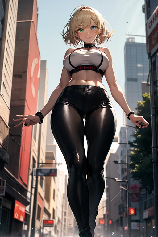 highest resolution,8K quality,Beautiful smiling anime girl, tight leather pants, red tank top with big breasts and wide hips, urban landscape, Whole body, ((view from below)), urban landscape,evening, Blonde hair and green eyes 