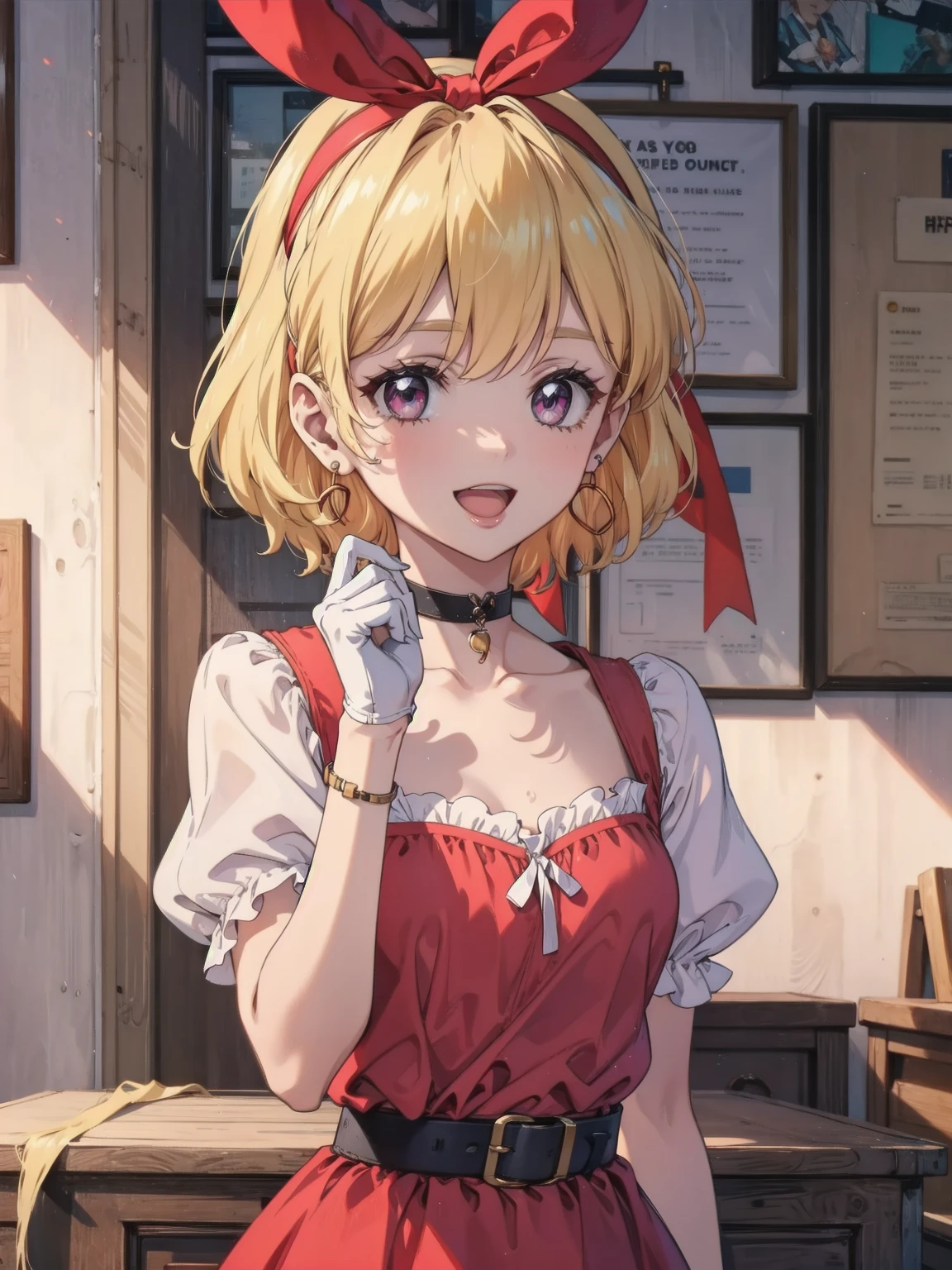 (RED Ribbon on HAIRband:1.2),1girl,solo,gloves,white gloves,white hair,long hair,choker,earrings,open mouth,v,jewelry,dress,purple eyes,smile,looking at viewer,retro artstyle,red dress,breasts,braid,upper body,score_9,score_8_up,score_7_up,