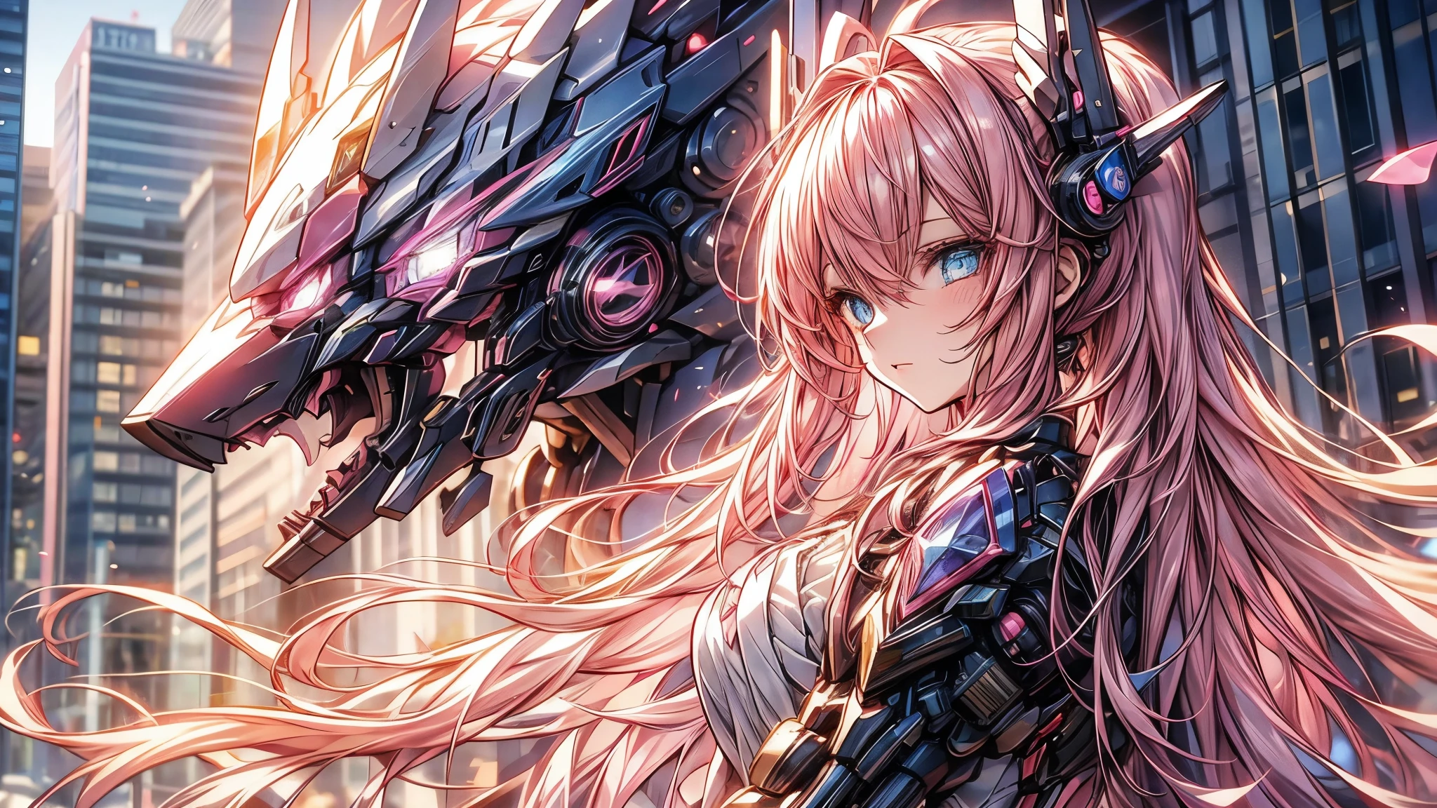 an anime girl, beautiful, pink hair, blue eyes, ojos beautifuls y definidos, modern pink dress, in the background of the city, beautiful, very detailed graphics, modern style art