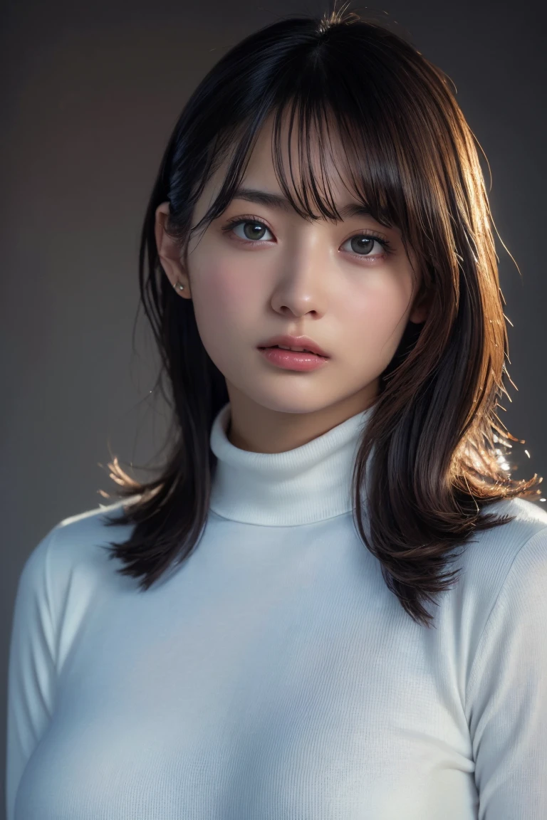 (Highest quality:1.4),(masterpiece:1.4),(Realistic:1.4),(Realistic:1.2),(超High resolution, RAW Photos:1.4),(High resolution, Very detailed:1.2),(8K:1.2),Cinematography,a photo of a dark-blond,Her hairstyle is long hair.,One Girl,alone,(White turtleneck),((Upper Body:1.3)),((huge breast:1.0)), (small areolae:0.5), (small nipples:1.0)
