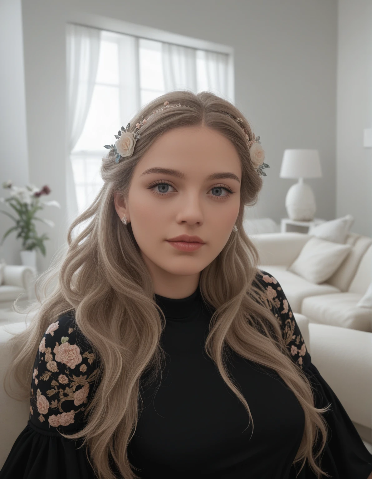 (Best quality, 8 thousand., a high resolution,masterpiece:1.2), Ultra detailed, (realistic,Фотоrealistic,фотоrealistic:1.37), portrait, Work creatively., Historic,classical, Many colors, very detailed, soft lighting, luxury furniture, detailed dress, detailed scenery,Unearthly atmosphere, elegant pose, Graceful curves, loose hair, Fascinating textile patterns, Delicate floral decoration, Magnificent set of crystal accessories.., Mysterious and dreamy atmosphere, Impeccable attention to detail, wearing a white off-shoulder dress, living room.