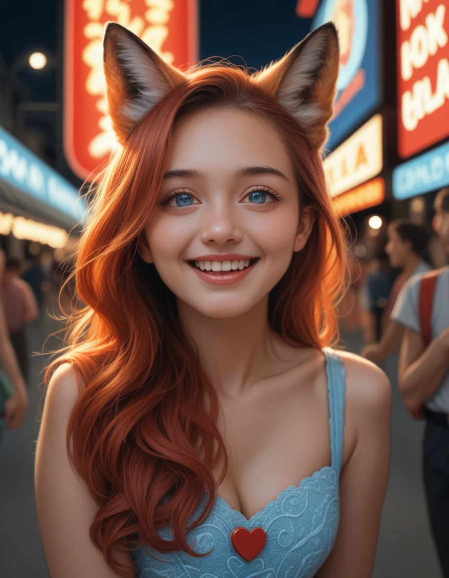 A cute 21-year-old fox girl with blue eyes, long red hair, fox ears, and a fox tail. She is cheerful, very kind, friendly, and happy—more than happy. She is making a heart pose with both hands at a beautiful beach, wearing a very colorful and extravagant dress, and thanking her viewers. (quality: 10, detail: 10, background detail: 10, Masterpiece 1.4, Ultra-detailed, High resolution, 8K, Photorealistic, Intricate details, Sharp focus, Vivid colors, Professional lighting, Award-winning, Highly detailed, Cinema quality, Beautiful composition)