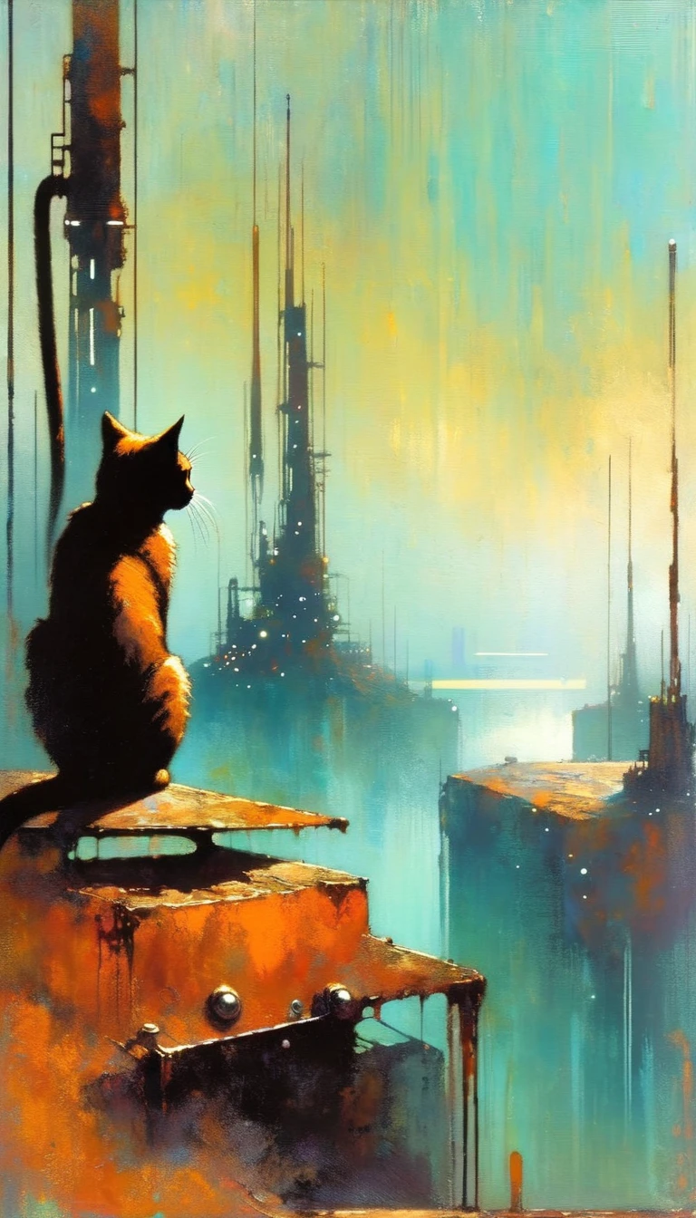 cat, alone, futuristic world:1.5, rusty metal futuristic world, (simple oil painting in a style to Bill Sienkiewicz)
