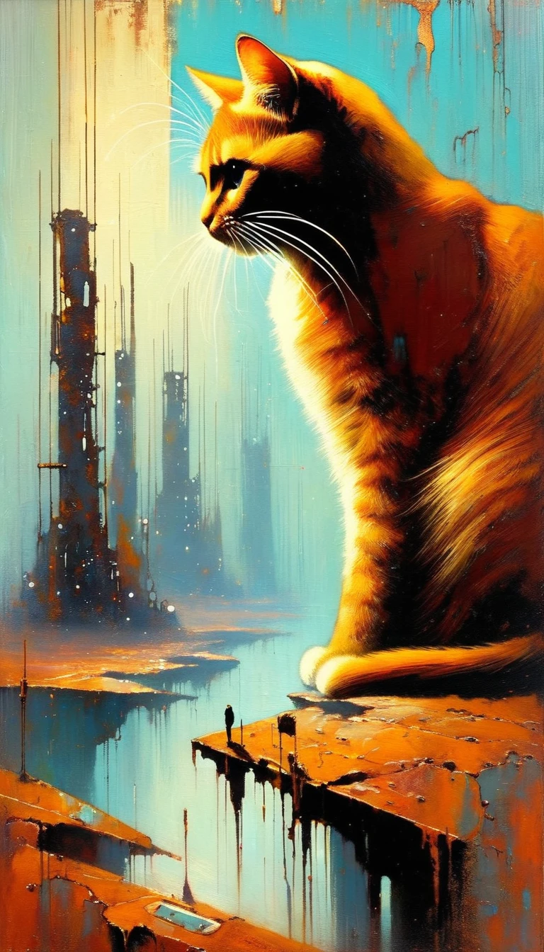 cat, alone, futuristic world:1.5, rusty metal futuristic world, (simple oil painting in a style to Bill Sienkiewicz)
