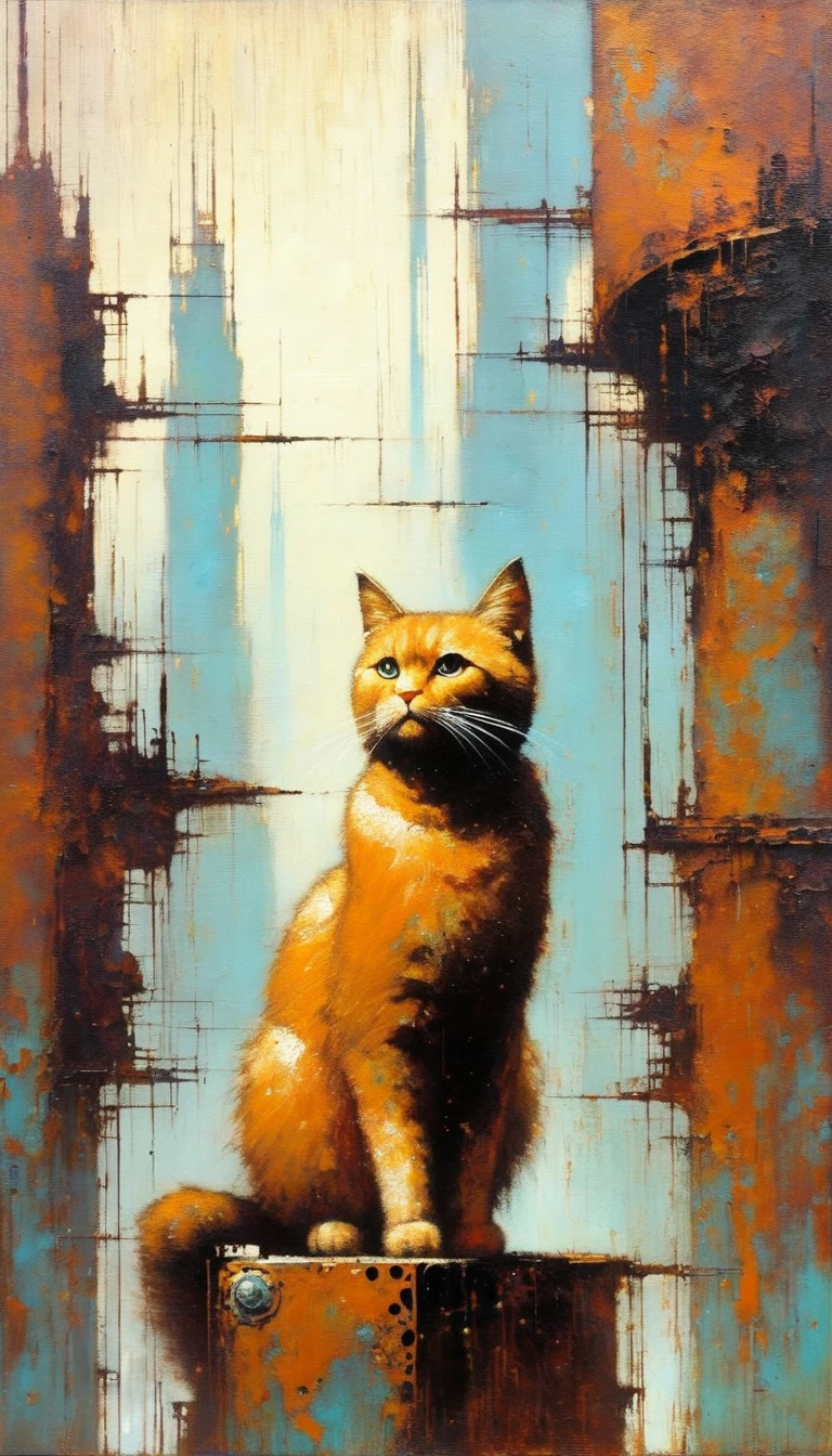 cat, alone, futuristic world:1.5, rusty metal futuristic world, (simple oil painting in a style to Bill Sienkiewicz)