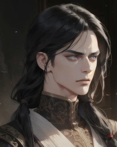 man, 30's, long straight black hair, half-tied hair, piercing blue eyes, side-swept bangs, mature, angry, sharp jaw, god eyes, broad shoulders, extremely handsome, detailed realistic portrait, photorealistic, hyperrealistic, 8k, detailed clothing, beautiful detailed eyes, beautiful detailed lips, extremely detailed face, cinematic lighting, dramatic shadows, warm color tones, natural lighting, highly detailed, intricate ornate details, masterpiece, artstation, sharp focus, hyper detailed, assassin outfit, disguise
