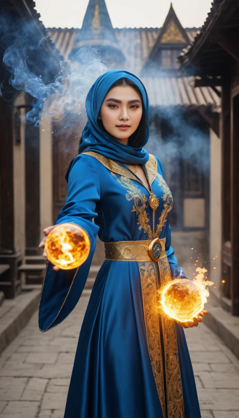 Highest quality photos, A female wizard is casting a fireball with a spell, Wearing blue clothing with gold embroidery, Beautiful Face