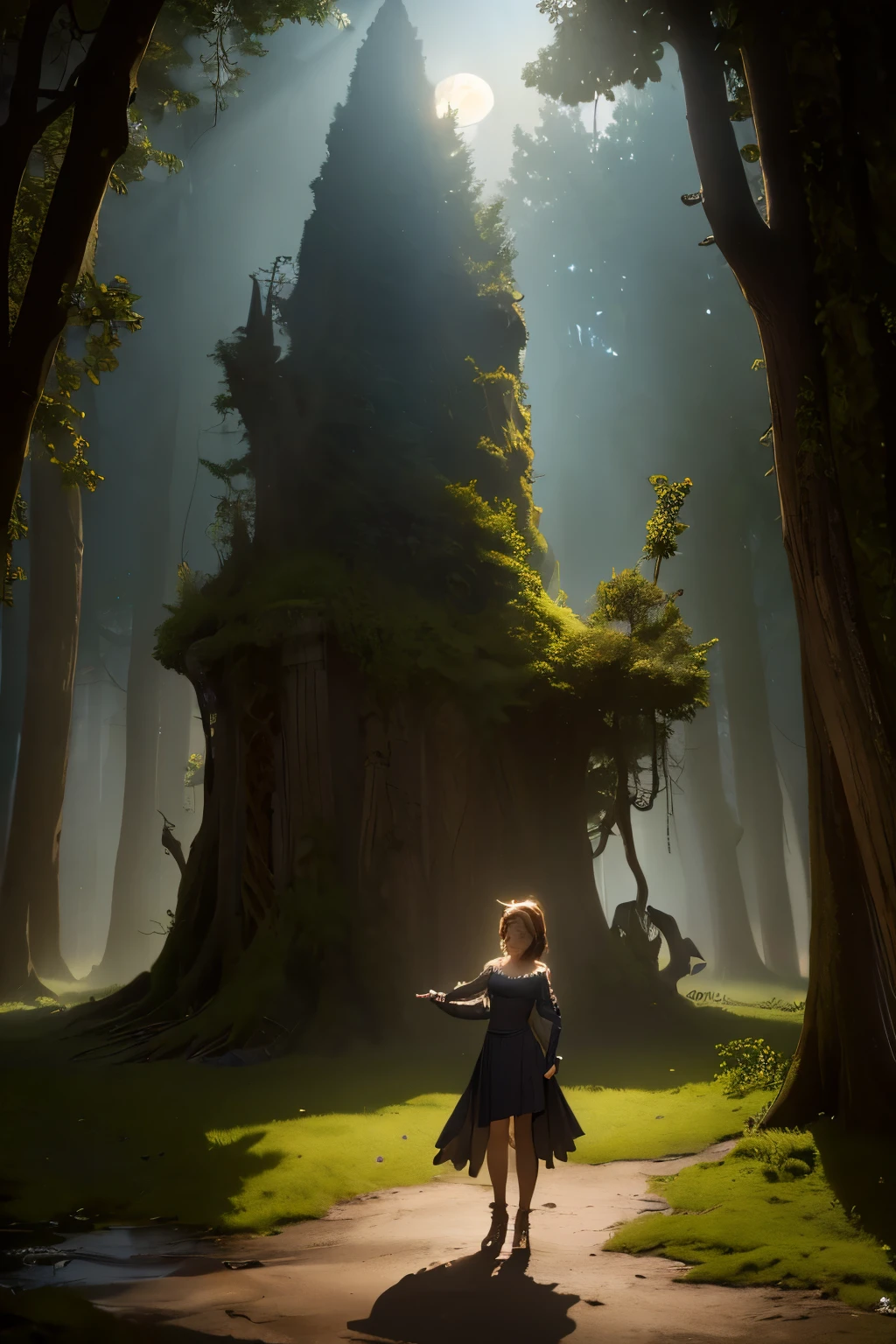 Masterpiece, Excellent, (Office: 1.8), CG drawing with super high detail, standing, 1 royal sister, angry, a woman with short tan hair, layered dress, hands crossed at waist, facing the audience, illustration, wide angle panorama a spectacular night, ethereal moonlit forest, glowing fireflies, mystical atmosphere, vibrant stars in the sky, serene pond reflecting the night sky, ancient ruined temple, gnarled twisted trees, dramatic lighting, dramatic shadows, cinematic composition, fantasy, surreal, (best quality,4k,8k,highres,masterpiece:1.2),ultra-detailed,(realistic,photorealistic,photo-realistic:1.37),detailed night sky, dramatic moody lighting