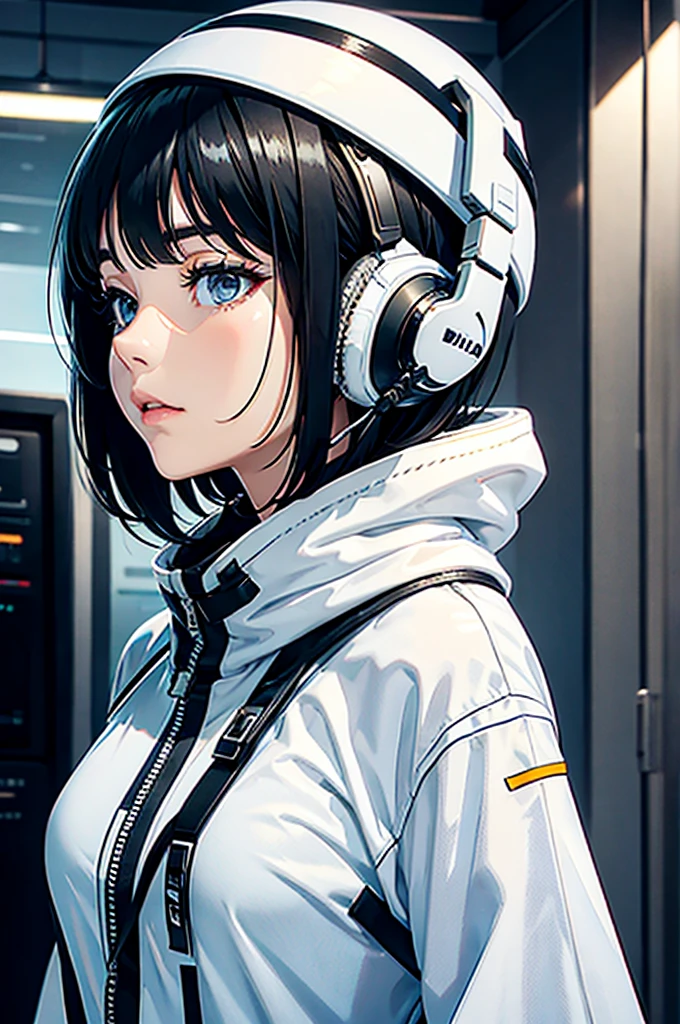 AN ADULT WOMAN WITH SHORT, WAVY BLACK HAIR WITH SIDE BANGS, WHITE HEADPHONES AND WHITE FUTURISTIC CLOTHES, MUSTARD EYES
