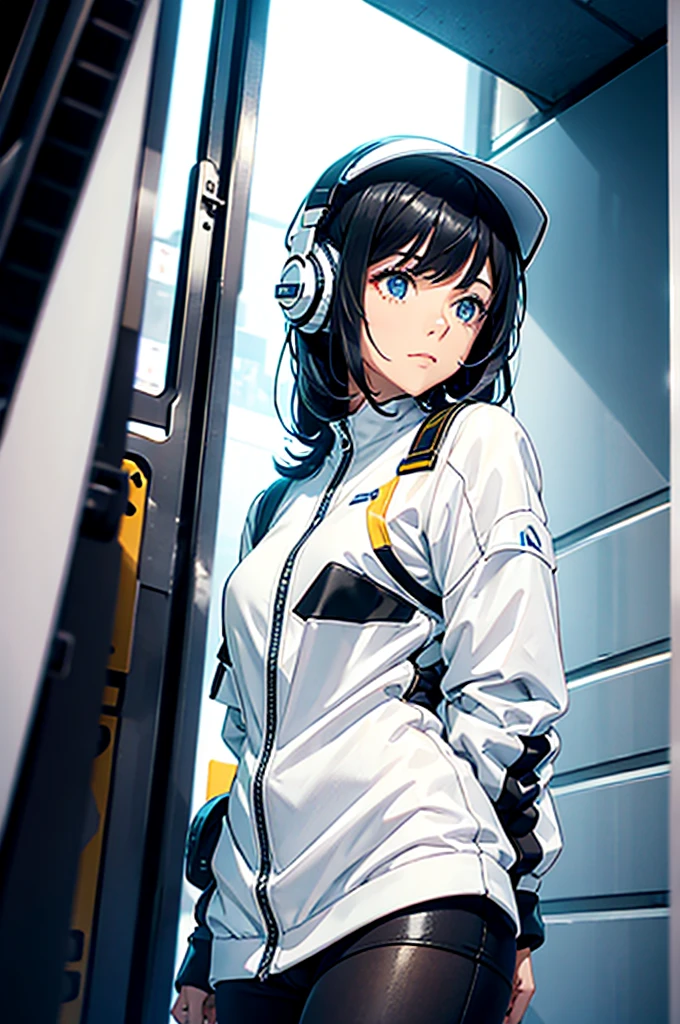 AN ADULT WOMAN WITH SHORT, WAVY BLACK HAIR WITH SIDE BANGS, WHITE HEADPHONES AND WHITE FUTURISTIC CLOTHES, MUSTARD EYES 