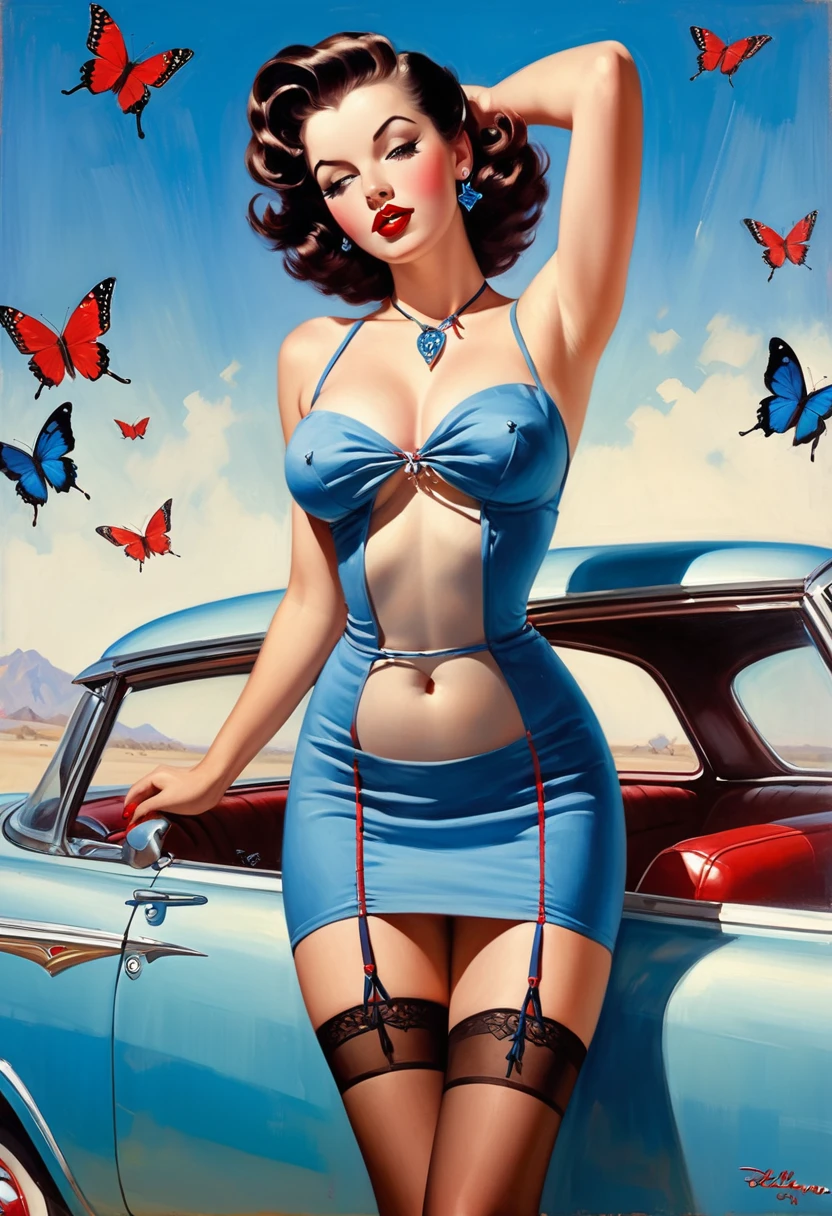 A pin-up style painting by Gil Elvgren of a beautiful woman, red fleshy lips, with dark brown hair, medium length and messy, body tattooed with many blue butterflies, with a thin stripe of blue, in a short and seductive blue dress, neckleace, Stockings, in a provocative pose, in a red and white Chevrolet Bel-Air,vibrant and colorful,