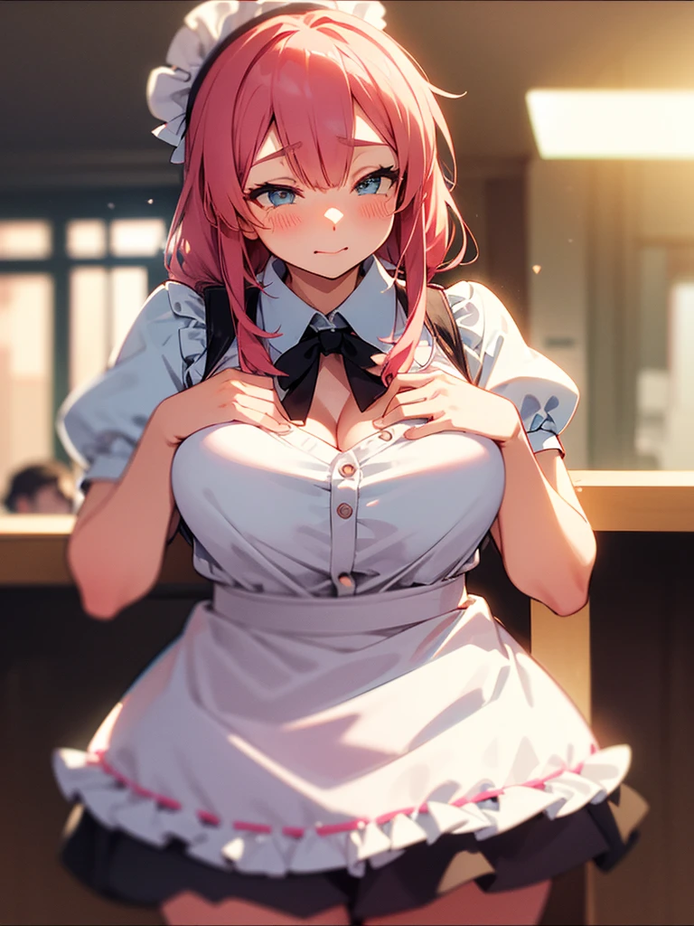 (Sumilux f1.4 50mm , low Latitude old color negative film , cross process , bokeh, flare, chromatic aberration , soft focus, (Shallow focus) , soft glow , Maximum aperture, low Key , Transparent depiction) , kawaii hentai anime style , coquettish , Clumsy Cafe clerk BBW , (Blouse with buttons popping off) , (Cleavage:0.95) , apron , heart is beating fast with anticipation , Heart-shaped mosaic