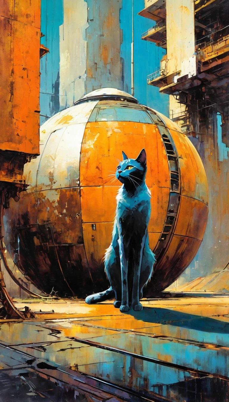 cat, alone, futuristic world:1.5, rusty metal futuristic world, (simple oil painting in a style to Bill Sienkiewicz)