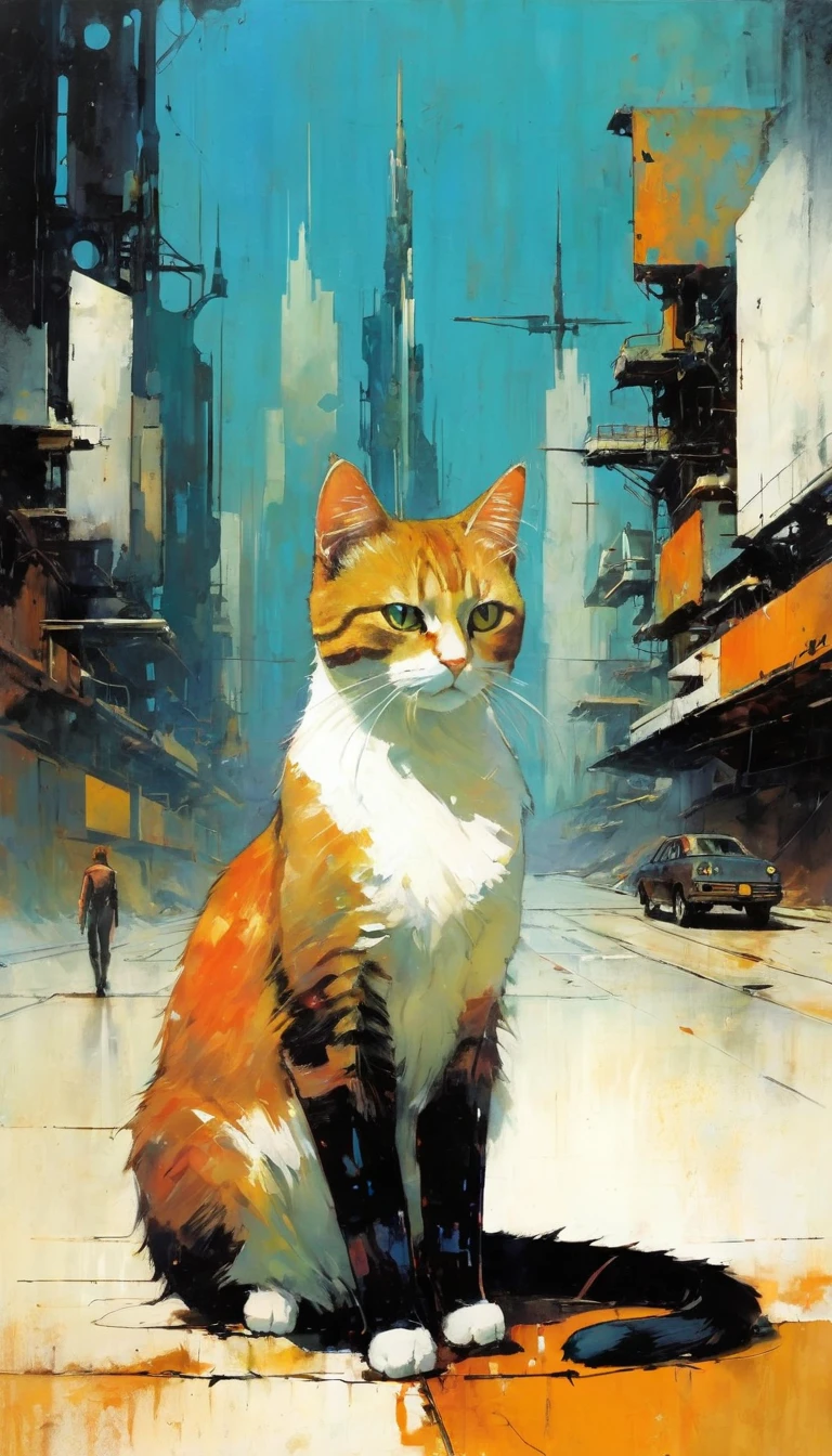 cat, alone, futuristic world:1.5, rusty metal futuristic world, (simple oil painting in a style to Bill Sienkiewicz)