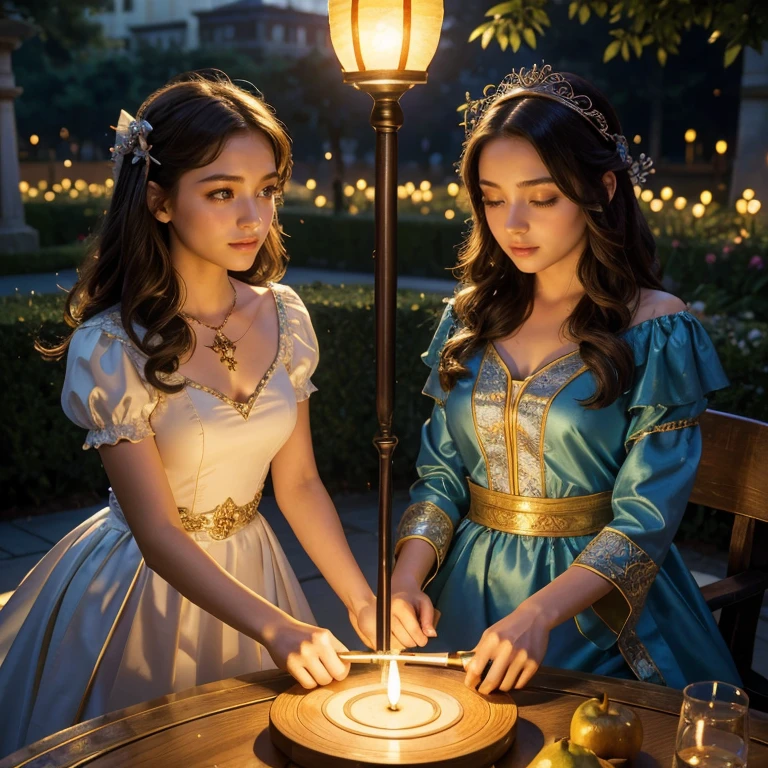 (​masterpiece, best quality:1.5), highest quality, High resolution, super detailed, Realists, Upper body photo of a brunette 14-year-old magical girl, detailed and beautiful eyes, beautiful detailed lips, very detailed eyes and face, longeyelashes, shiny satin dress, Holding a magic wand in your hand, Cast a transformation spell, Pears become lanterns, Magic wands present and shiny, Beautiful and colorful makeup, elegant and noble々The jewelry bag, Gardens as background, soft daylight, bright colors, fine brushstrokes, Portrait style, Silk dress fabric, beautiful color palette, glowing skin, First-class rendering, that captures every detail, enchanting atmosphere, subtle shadows and lights, (perfect anatomy:1.2), (The two stunning 14 and 12 year old magic girls transform bulbs into lanterns (a transformation with the magic wand:1.4), (magnificent panorama view:1.2)
