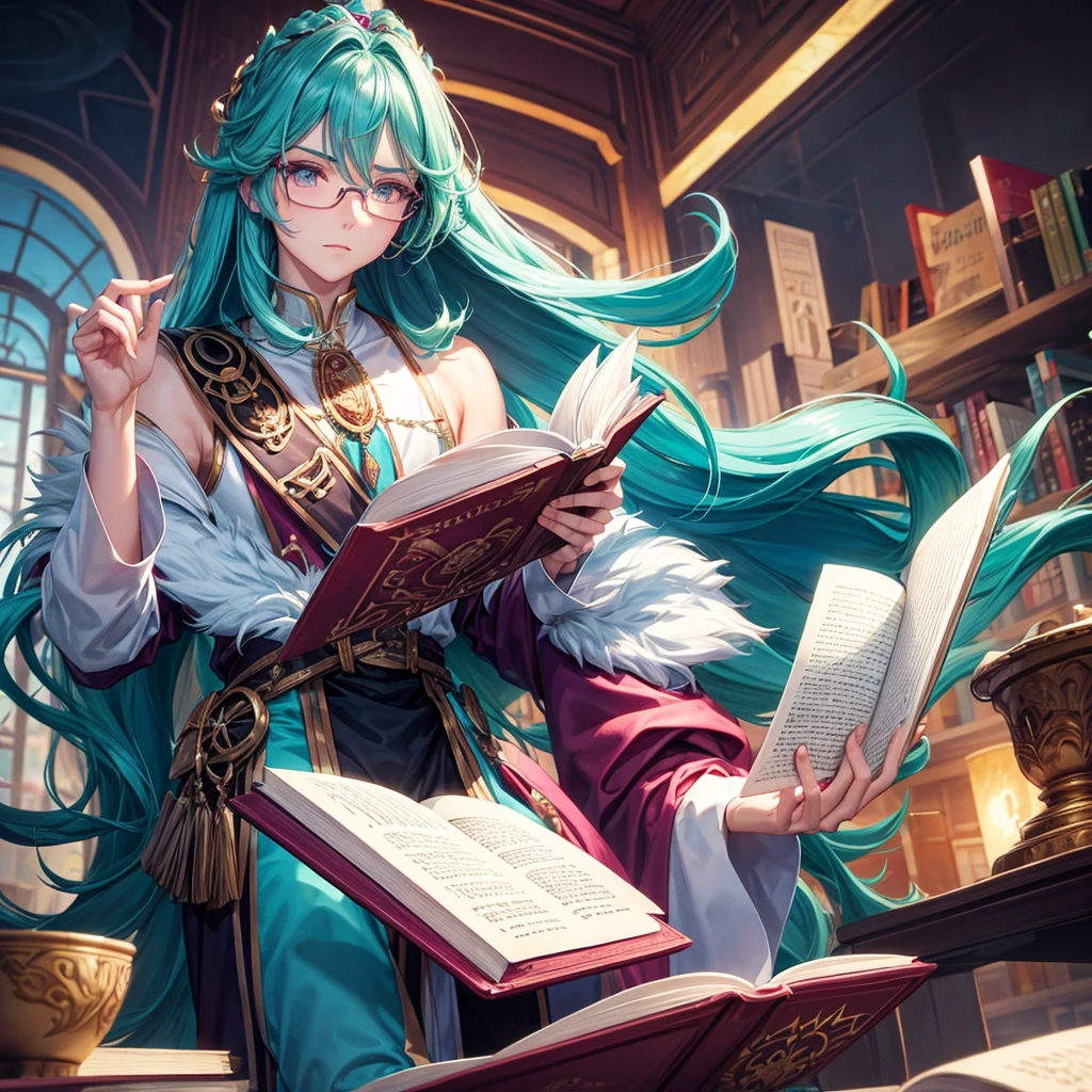1 Man with shoulder-length hair, turquoise hair, fuchsia eyes, high, wide shoulders, pale light skin, glasses for myopes, reading a book. masculine. Prince Costume.