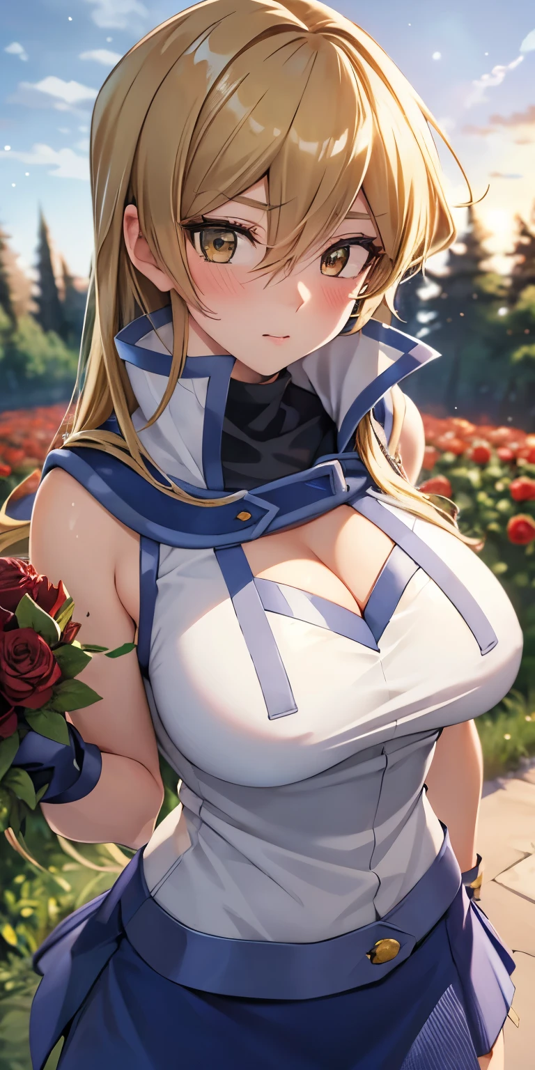 1 Female,High definition,high resolution,Ultra-realistic,8K, ta1, blonde hair, long hair, yellow eyes,white jacket, sleeveless, blue skirt, tight skirt, miniskirt,fingerless gloves, large breasts, miniskirt,European,sexy,Upper body close-up,Photographed from the front,Dynamic Angles,blush, (medium tits ),full body , (forest),(sky),( moonlight ),(cleavage),(holding a bouquet of red roses)