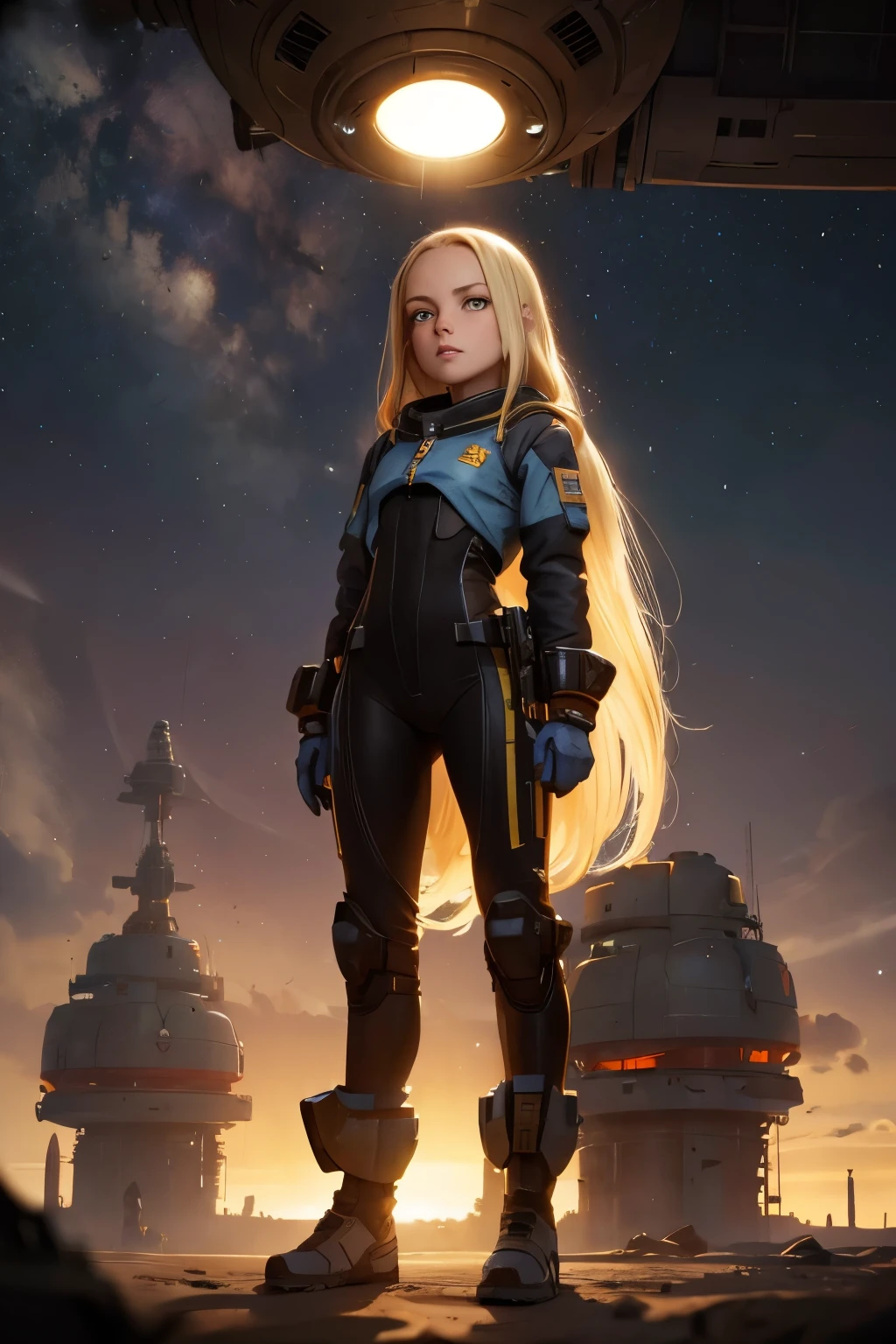 (young girl, , blond hair, photorealistic, pale skin), (yellow (eyes:1.2)), (slim build:1.3), (fantasy space suit), beautiful face, symmetrical face, Greg Rutkowski, wlop and Sam Kuvshinov, (long hair), blond eyelashes, large iris, large pupil, full body, standing on the background of the cosmodrome, artstation, 8k, science fiction, pastel colors, props, panel, concept, futuristic, gribble, simon stalenhag, space, in outer space, a spaceship in the sky, technological blocks, futuristic world:1.5, rusty metal futuristic world, (simple oil painting in a style to Bill Sienkiewicz)