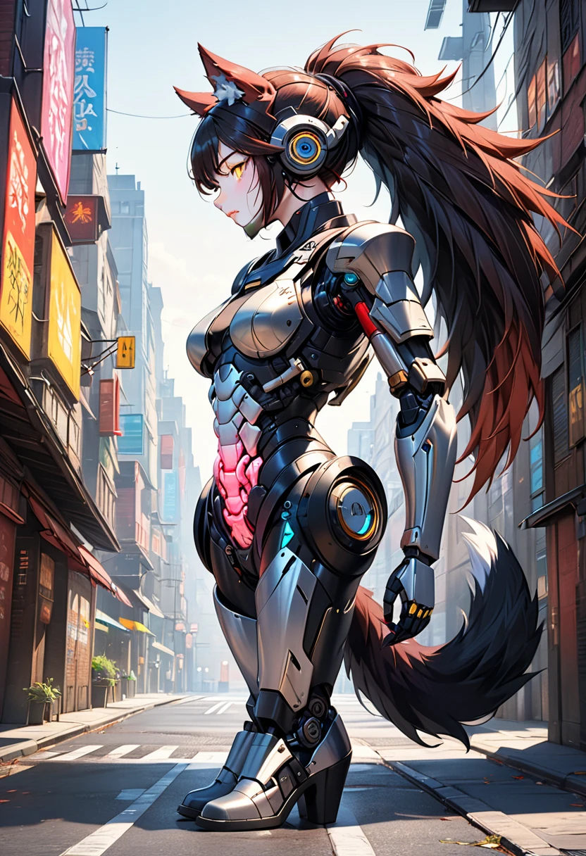a portrait of a mechanical creature (( mechanical female, anthro wolf: 1.5), ((full body: 1.5)), ((anatomically correct: 1.5)), (ultra detailed face: 1.2), looking feral, looking dangerouse, yellow eyes. dynamic fur color, glowing eyes, wearing mech armor, delicate armor, wearing high heeled boots, cyberpunk street background, vibrant, Ultra-high resolution, High Contrast, (masterpiece:1.5), highest quality, Best aesthetics), best details, best quality, highres, 16k, (ultra detailed: 1.5), masterpiece, best quality, (extremely detailed) RAW, (ultra details, Masterpiece, best quality),MechanicusStyleAI, Hyperrealism style, anime