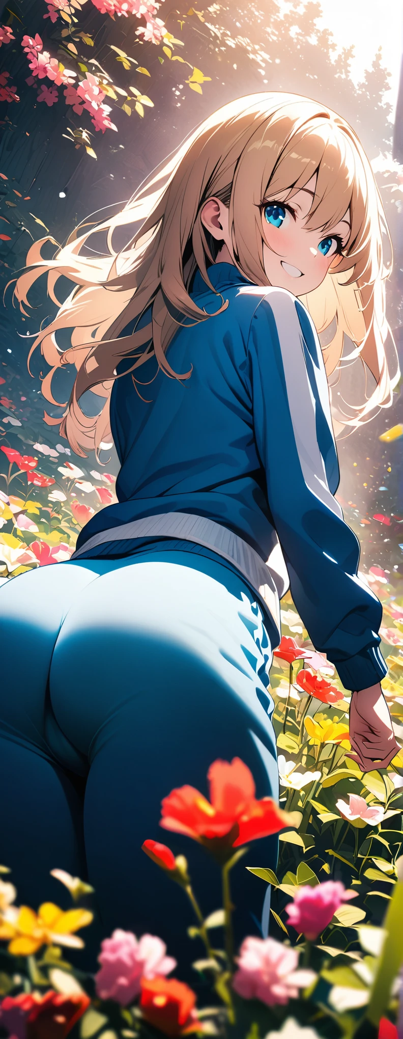Highest quality,8k,Highly detailed CG unit wallpaper,masterpiece:1.2,top-quality,Ultra-high resolution,RAW Photos,High Contrast,(beautiful girl: 1.3),(Side tail),Looks about 15 years old、 (Blue sweatpants:1.3), (The jacket is a blue track jacket..: 1.3), Rear view,flower field、from below,((Focus on the very big things, Round and beautifully shaped butt)), pale skin,(Great smile:1.3)
