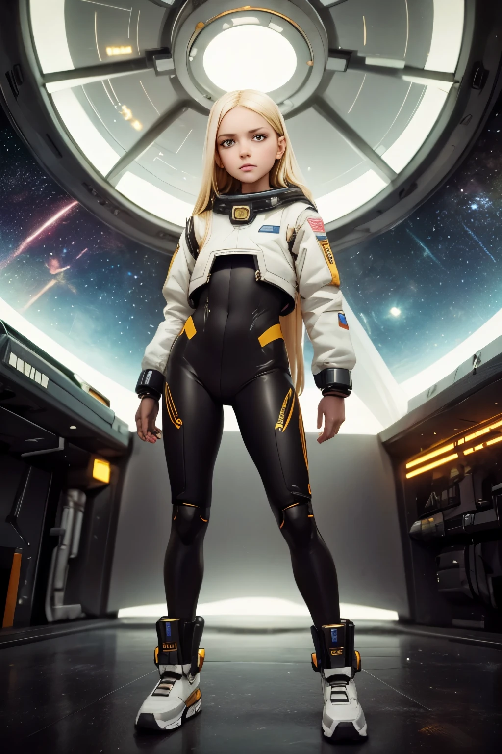 (young girl, 12 years old, blond hair, photorealistic, pale skin), (yellow (eyes:1.2)), (slim build:1.3), (fantasy space suit), beautiful face, symmetrical face, Greg Rutkowski, wlop and Sam Kuvshinov, (long hair), blond eyelashes, large iris, large pupil, full body, standing on the background of the cosmodrome, artstation, 8k, science fiction, pastel colors, props, panel, concept, futuristic, gribble, simon stalenhag, space, in outer space, a spaceship in the sky, technological blocks, futuristic world:1.5, rusty metal futuristic world, (simple oil painting in a style to Bill Sienkiewicz)