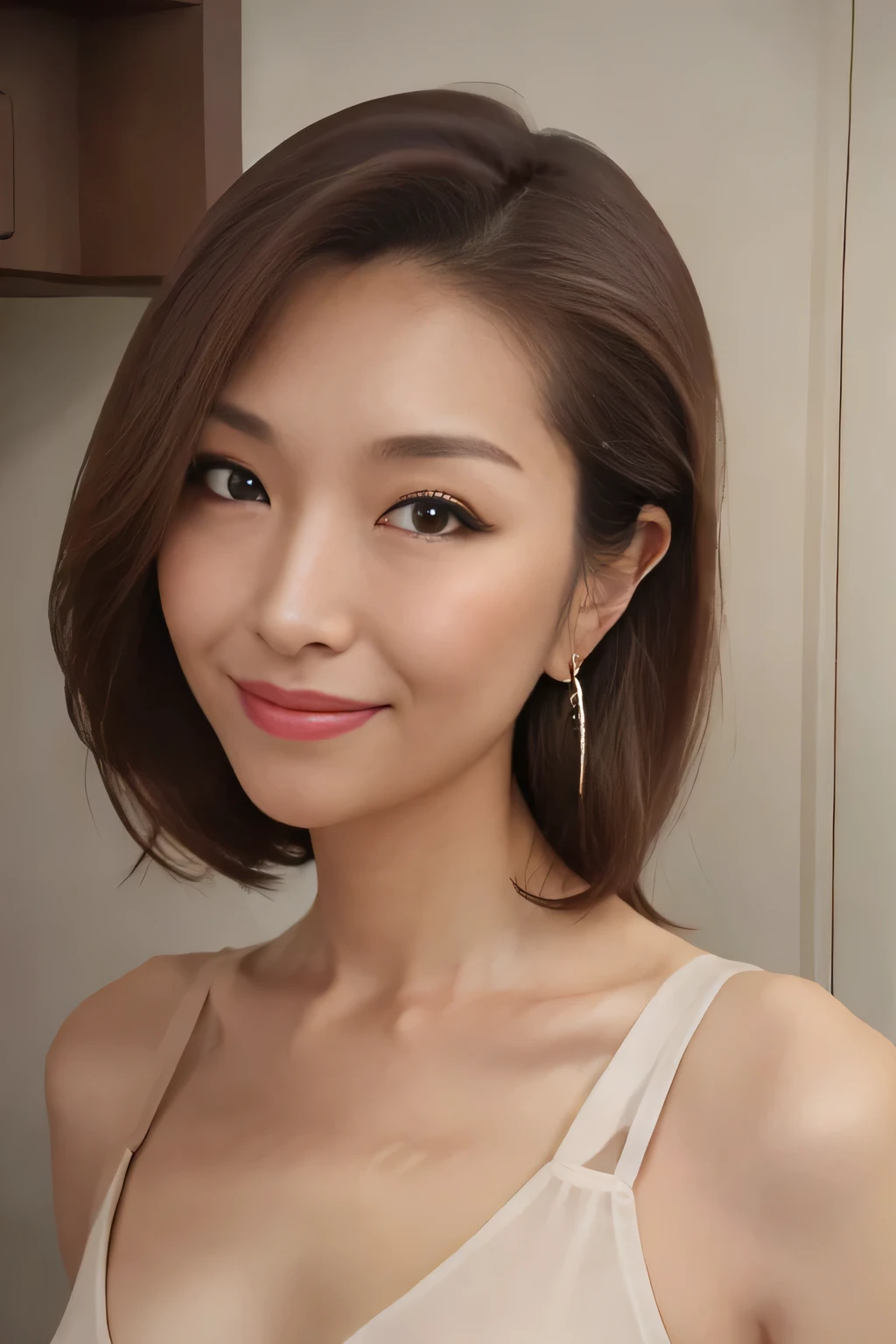 A 38-year-old Japanese woman、Bust up shot、Small breasts、Slender figure、hoop earrings, brown hair, hair slicked back, short hair, grin, Professional Lighting、Beautiful portrait、depth of field, uhd, textured skin, super detail, high details, best quality, 16K、background:Hotel Rooms、