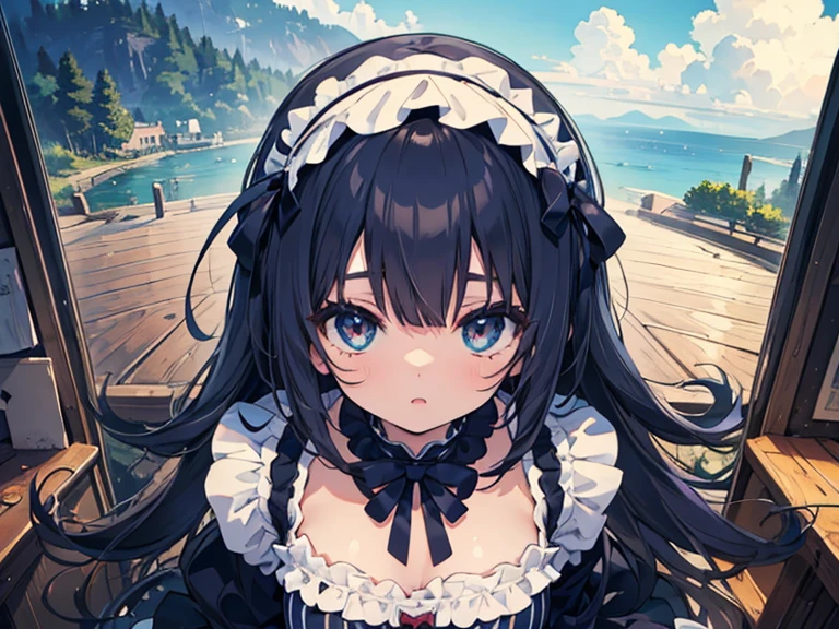 ((Striped Hair, Messy Hair, Big Hair)), ((Expressive hair)), Lolita Hairband, Cinema Lighting, Bust Chart, First Person View, Ultra-high resolution, (((masterpiece, Textured skin))), (Super Detail), Attention to detail, high quality, ((最high quality)), 16K, Gothic Lolita Costumes, Upturned eyes, pretty girl, Ruffled dress, Flying, From above、battle、Young Girl、Shining Eyes、Fine hair、Smooth skin、null、Between clouds、